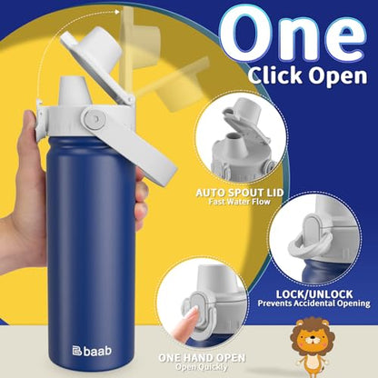 baab 18oz Kids Water Bottle, Insulated Kids Water Bottle with Lockable Spout Lid & Stickers, 18/8 Stainless Steel Vacuum Leakproof Kid Water Cup with Handle for Boy Girl & School (Grey+Navy Blue) - color: Grey+Navy Blue, size: 18 Ounces