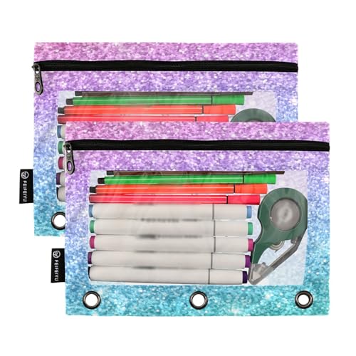 Personalized Pencil Pouch for 3 Ring Binder Glitter Pink Turquoise Purple Custom Pencil Pouches Case Binder Cosmetic Bag 2 Pack for Office School College Supplies - color: Pink Turquoise Purple