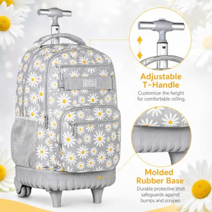 AGSDON Rolling Backpack for Girls, Women Roller Wheels Bookbag, Laptop Daisy Wheeled School Bag with Wheels for Teens - color: Daisy Grey