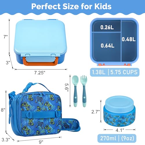 Kids Lunch Box Set with Bento Box, 9oz Stainless Steel Thermo & Insulated Lunch Bag – Hot & Cold Leakproof Lunch Container with Utensils for School & Travel - color: Blue Gamed