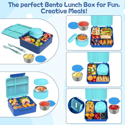 Aimsnk Kids Lunch Box with Thermo Insulated Lunch Bag for School, Blue | Kids Bento Lunch Box with 8oz Food Jar, Leak Proof Hot Soup Lunch Containers with 4 Compartment, Warm Lunchbox for Toddler - color: Blue