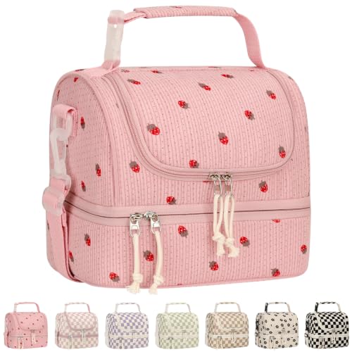 Vankor Corduroy Lunch Box Kids Insulated Lunch Bag Double Decker, Cute Leak-Proof Lunch Box for Boys Girls, Portable Cooler Lunch Bag Thermal Lunch Tote for School Picnic Travel, Pink Strawberry - color: Pink Strawberry