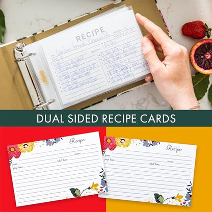 Jot & Mark 8.5"" x 9.5"" 3 Ring Recipe Binder with 50 Matching 4x6 inch | 50 Recipe Cards + 25 Sleeve Protectors + 5 Full-Page Sleeves + 6 Divider Tabs | 8.5x9.5 3-Ring - color: Midnight Bloom, size: 8.5" x 9.5"