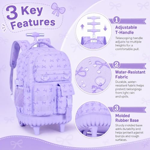 CCJPX Rolling Backpack for Girls, 3Pcs Roller Wheeled School Bookbag, Bow Wheels Backpacks with Lunch Box for Kids (Purple) - color: Bow Purple