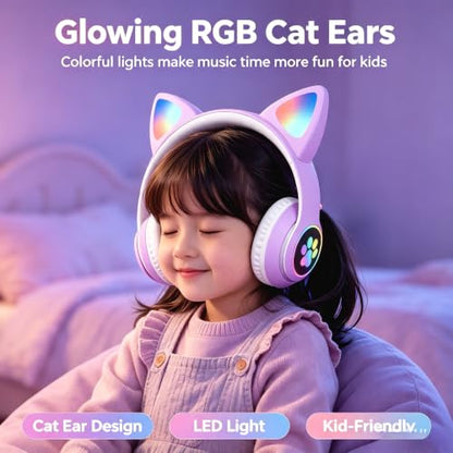 Cat Wireless Headphones for Kids & Adults, Bluetooth Foldable & Wired Multi-Function LED Light Up Over Ear Headphones with Mic and Volume Control for iPhone/iPad/Laptop/PC(Lilac) - color: lilac