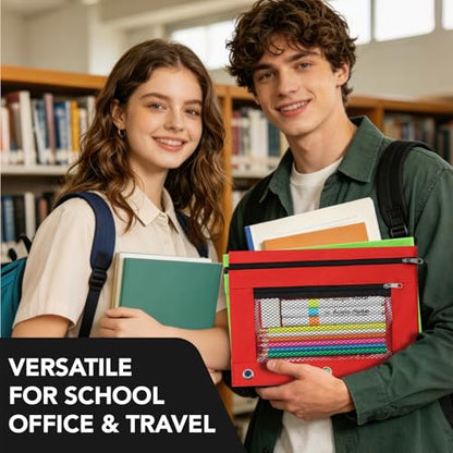 3 Ring Pencil Pouch for Binder, 2-Pocket Zipper Pencil Case with Clear Window & Mesh Pocket, 600D Oxford Fabric Binder Pouch for School Office Supplies, Fits Standard 3-Ring Binders, Red - color: Red