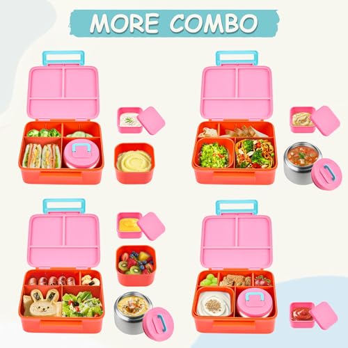 Bento Lunch Box for Kids with 8oz Soup Thermo Leak-Proof Lunch Food Containers with Snack Sauce Container for Kid Girls Boys to School,Pink - color: Pure Pink