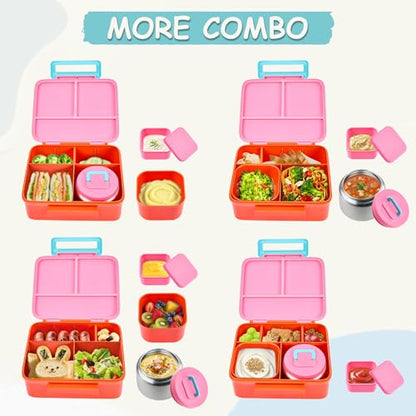 Bento Lunch Box for Kids with 8oz Soup Thermo Leak-Proof Lunch Food Containers with Snack Sauce Container for Kid Girls Boys to School,Pink - color: Pure Pink