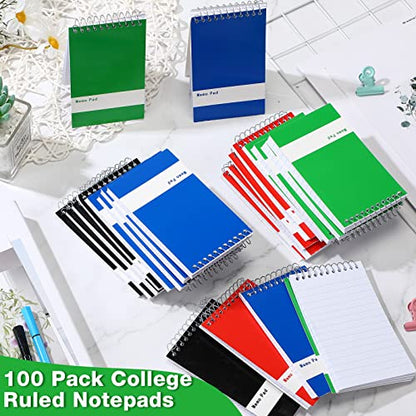 Thenshop 100 Pads Spiral Memo Pads Bulk 3 x 5 Inch Small Pocket Notepad Top Bound Lined 60 Sheets Mini Notebooks for School College Office Home Supplies (Black,Green,Dark Blue,Red) - color: Black, Green, Dark Blue, Red