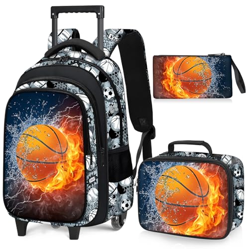 Basketball Rolling Backpack for Boys - 3PCS Boys Rolling Backpack with Lunch Box Set for Kids Children Teens Elementary Middle School,Sport Roller Bookbag with Wheels for Age 6-18 - color: Basketball-001-backpack Set
