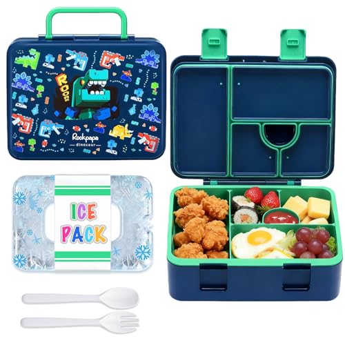 rockpapa Chill Bento Box for Kids- Large 5.5 Cups Lunch Box with Ice Pack - 5 Compartments, BPA-Free, Leak Proof, with Utensils & Portable Handle, Microwave/Dishwasher Safe (Blue Dinosaur) - color: Blue Dinosaur