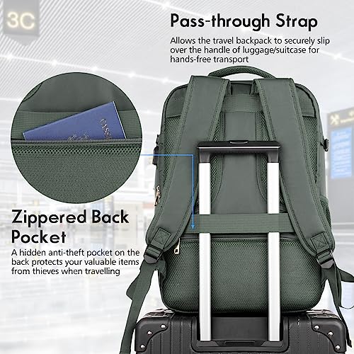 MOMUVO Large Travel Backpack Women, Flight Approved Carry On Backpack, Water Resistant Anti-Theft Large Casual Daypack Fit 17 Inch Laptop with USB Charging Port, Olive Green - color: Olive Green, size: 17.3 inch