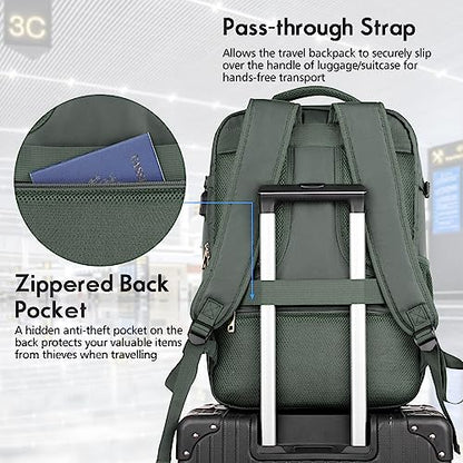 MOMUVO Large Travel Backpack Women, Flight Approved Carry On Backpack, Water Resistant Anti-Theft Large Casual Daypack Fit 17 Inch Laptop with USB Charging Port, Olive Green - color: Olive Green, size: 17.3 inch