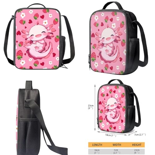 Axolotl Strawberry Kids Backpack Set Girls 3 PCS Kids Backpack with Lunch Bag Pen Bag Set Large Capacity Bookbag Casual Daypack Elementary School Boys and Girls - color: Cute Axolotl Strawberry