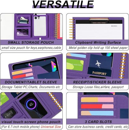 Purple Foldable Spiral Clipboard Folio with Storage Zipper Pouch, 5 Plastic Folders with Pockets,Refillable Lined Notepad (8.5" x 11"), Hardcover Project Organizer with 36 Stickers - color: Purple