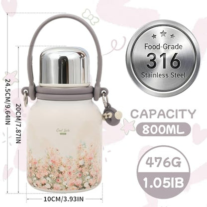 27 fl oz Floral Water Bottle with Strap & Handle, 316 Stainless Steel Insulated Tumbler, Leakproof One-Click Lid, Cute Aesthetic Gift for Women Girls Gym Travel