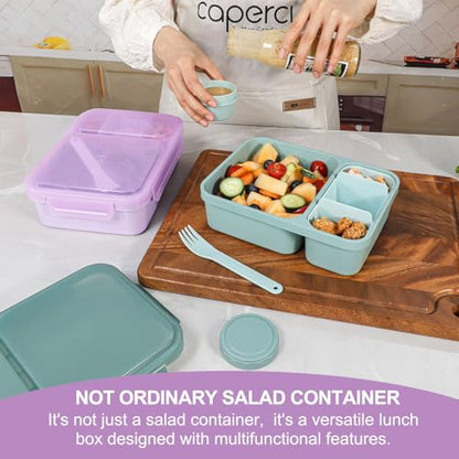 Caperci 2 Pack Salad Containers - Extra-Large 62 oz Bento Lunch Box for Adults, 2-Compartment Meal Prep Container with Removable Toppings Tray, Sauce Cup, Reusable Fork, BPA-Free (Purple & Green) - color: Khaki Green & Purple