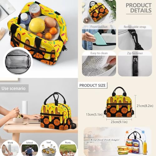 Ice Cream Basketball Print 3PCS Backpack Set with Lunch Bag Pencil Case for Girls Kids, 3 in 1 Lightweight 17 Inch Bookbag Backpacks for Middle High School Students - color: Ice Cream Basketball Print