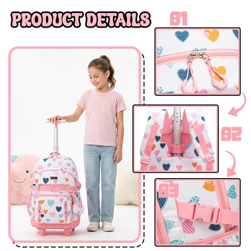 Rolling Backpacks for Kids Backpack for Girls with Lunch Bag Pencil Case 16.5" Kids Backpack with Wheels Roller Backpacks for Girls - color: Baiseaixin
