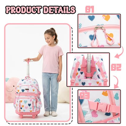 Rolling Backpacks for Kids Backpack for Girls with Lunch Bag Pencil Case 16.5" Kids Backpack with Wheels Roller Backpacks for Girls - color: Baiseaixin