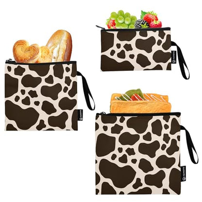 Reusable Food Storage Bags Cow Print Pattern 3 Pack Set Lunch Bag Compact Sandwich Snack Bag Small Medium Large for Lunch, Travel & Organization - color: Bag 26