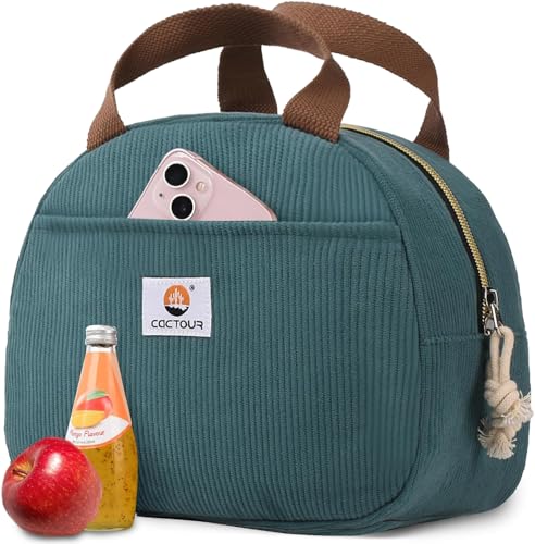 CaCTOUR Lunch Box Lunch Bag for Women Men, Cute Lunch Box Cooler Bag, Portable Small Insulated LunchBox Reusable Corduroy Lunch Tote for Work/Travel/Picnic/School (Lake Green) - color: C-Lake Green, size: Small