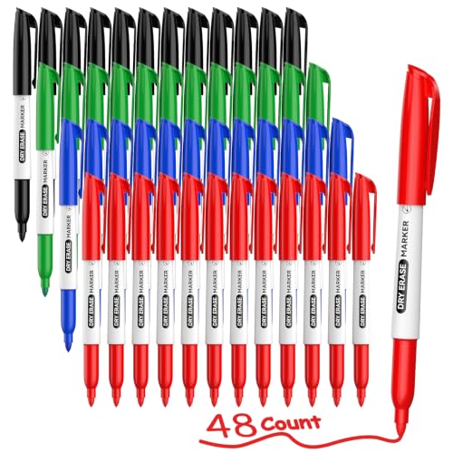 48 Count Dry Erase Markers Bulk - 4 Assorted Colors, Fine Tip, Whiteboard Erasable Markers for Students Teachers, Ideal for Classroom, Home, Office, Back to School Supplies