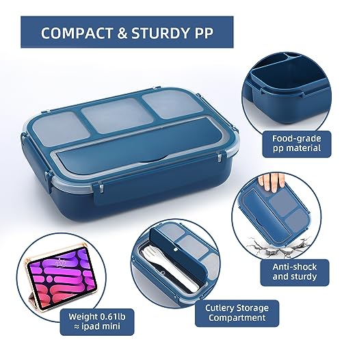 QQKO Bento Box Adult Lunch Box, Lunch Containers for Adults Men Women, Kids Lunch Boxes for School with 4 Compartments, Sauce Container, Utensils and Muffin Cups, Navy - color: Navy