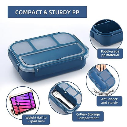 QQKO Bento Box Adult Lunch Box, Lunch Containers for Adults Men Women, Kids Lunch Boxes for School with 4 Compartments, Sauce Container, Utensils and Muffin Cups, Navy - color: Navy