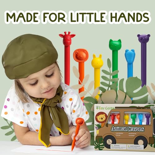 TinyGeeks 6 Animal Shaped Crayons - Non Toxic Crayons for Toddlers - Washable - Perfect for Kids Ages 4-8 - Easy To Hold - Enjoy your Little Safari