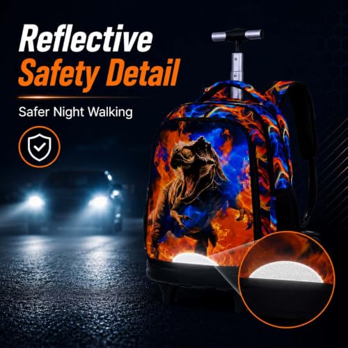 KLFVB Big Quiet-Glide Wheels Rolling Backpack, 3-in-1 Roller Bag Set with Lunch Bag | Water-Resistant Wheeled Bookbag for Boys, School, Travel, Play - Flame T-Rex - color: Rolling Backpack with Big Wheels - Flame T-Rex
