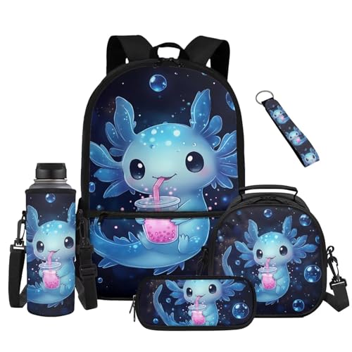 Blue Axolotl Kids School Backpack Set 5 Pieces with Lunch Bag Pencil Case and Water Bottle Carrier Large Capacity Backpack for Elementary Middle School and Travel - color: Blue Axolotl
