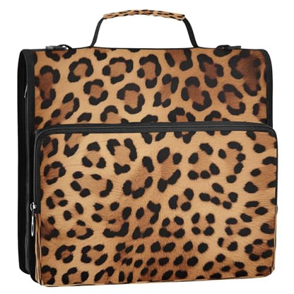 Leopard Print Waterproof Zipper Binder with Shoulder Strap, 3-Ring Trapper Keeper with Lay-Flat Design and Multiple Compartments for School & Office, Adults & Kids