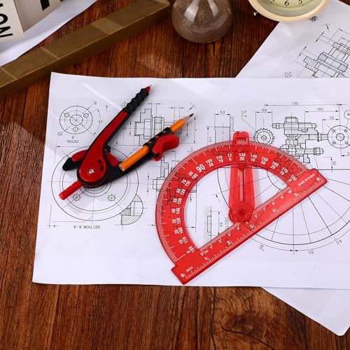 Zonon 2 Pcs Student Protractor and Compass, Student Geometry Math Set Drawing Compass and 180 Degree 6 Inch Protractor with Swing Arm for Drawing Measuring School Office (Red) - color: Red
