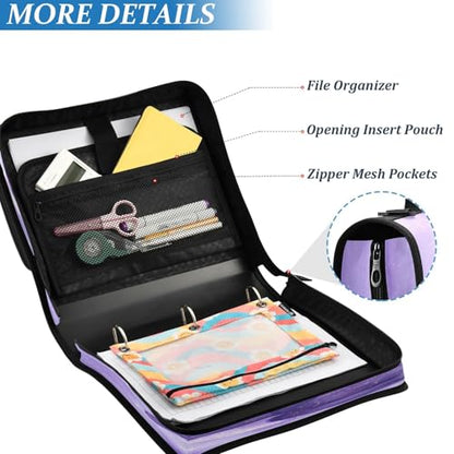 3 Ring Zipper Binder Purple Cat Moon Binders Bag with Shoulder Strap 500 Sheets Paper Organizer Trapper Keeper Documents Storage File Folder for School Office - color: A1819