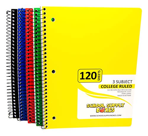 College Ruled 3 Subject Spiral Notebooks - 5pk School Supply Bundle - College Ruled Paper with Perforated Edges for Easy Tearing - Assorted Colors: Red, Yellow, Green. Blue, Black