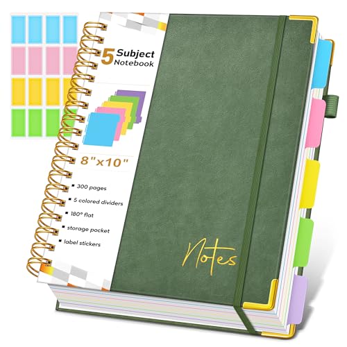 5 Subject Blank Notebook with Removable Dividers Tabs, 300 Pages Hardcover Leather Sketch Book Spiral Journal, 8"x10" B5 Large Sketchbook Notebooks for Women Men Work School Sketching Drawing, Green - color: Green, size: B5-Sized Blank Pages