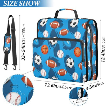Zipper Binder Bag 3 Ring File Folder Portfolio Organizer Zippered Binder Bags with Strap Fits Laptop Women Men - color: 29-sports Balls Blue