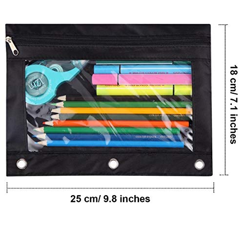 Pencil Pouch for 3 Ring Binder, Zipper Pencil Case Bag Three Hole with Clear Window Black 2 Pack - color: Black1