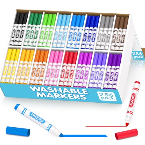 KIZZYEA Washable Markers Bulk, Markers for Kids, 16 Assorted Colors, 256 Count, Broad Line Coloring Marker for School, Student Art Supplies & Back to School Craft, Classroom Essentials for Teachers