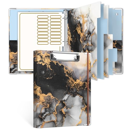 Rouidr Mini 3 Ring Binder with Clipboard, 1 inch Round 8.5 x 5.5 in Cute Binders Organizer with 5 Dividers Tabs & Clear Sleeves, School Supplies, Office Supplies, Black Gold Marble - color: Black Gold Marble, size: Mini 1in(8.5 x 5.5 in)