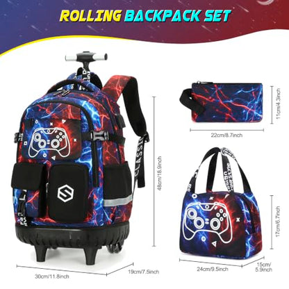 Scothen Rolling Backpack for Boys, Cool Luminous Gamer Roller School Backpacks for Boys with Lunch Bag and Pencil Pouch, Kids Backpack Bookbag with Wheels for Kindergarten Elementary Middle School - color: Cool Red Blue