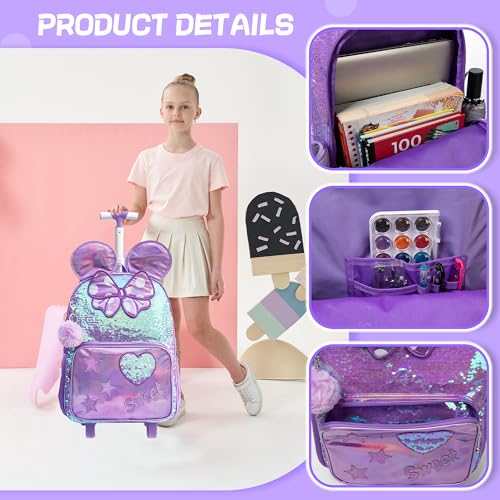 Cute Kids Rolling Backpack for Girls Backpack for School Roller Bookbags with Wheels Travel Students Bags,Purple Schoolbags - color: Purple