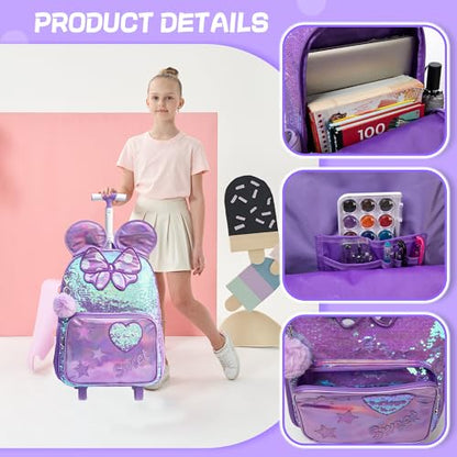 Meetbelify Rolling Backpack for Girls Backpacks with Wheels for Elementary School Students Kids 3 in 1 Travel Luggage Suitcase with Lunch Box Pencil Case for Girls Age 8-10 Cute - color: 05 3pcs Big Ear Purple