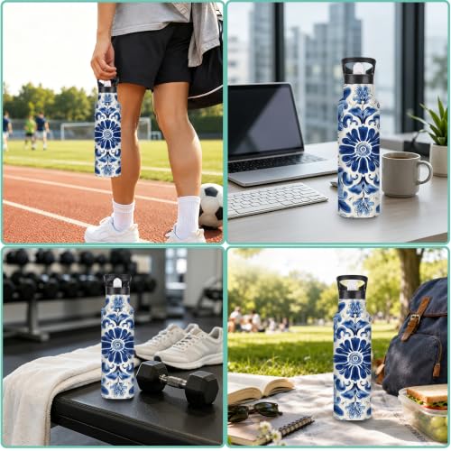 Water Bottles with Straw,Blue Flower Stainless Steel Cup Leak Resistant Double Wall Ethnic Paisley Insulated Water Bottle with Handle for Gym Cycling Hiking Office 20 oz - color: Blue Flower,Ethnic Paisley