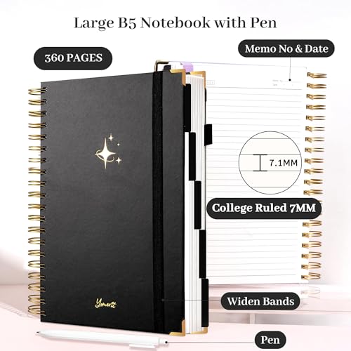 FLYING EAGLE Leather Spiral Notebooks for Work 5 Subject Notebook College Ruled with Dividers Pen, 360 Pages B5 Hardcover Lined Journals for Women Men Writing,Black - color: B.black