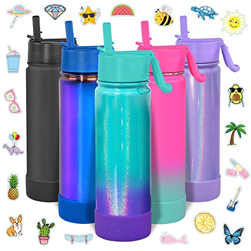 CHILLOUT LIFE 22oz Insulated Stainless Steel Water Bottle with Leak Proof Straw Lid & 144 Stickers - color: Mermaid Sparkle, style: 22 oz