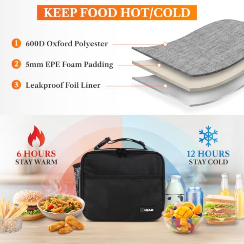 opux Insulated Lunch Bag for Kids, Reusable Lunch Box for School with Leakproof Lining, Compact Soft Cooler Tote for Boys & Girls, Front Pocket, Mesh Side Bottle Holder (Black) - color: Black
