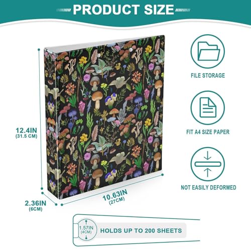 3 Ring Binder with Clipboard, D Rings Holds 200 Sheets, Heavy Duty Binders Folder for School Office, Waterproof PVC Cover with 3 Interior Clear Pockets, Mushrooms Black