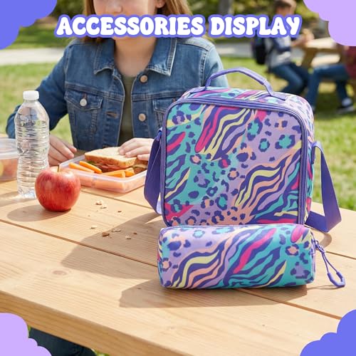 Kids Rolling Backpack Set with Lunch Bag,School Backpack for Girls with Wheels,Leopard Pattern Travel Backpacks for Kids Christmas Birthday Gift for Girls Ages 6-12 - color: Blue Purple Leopard